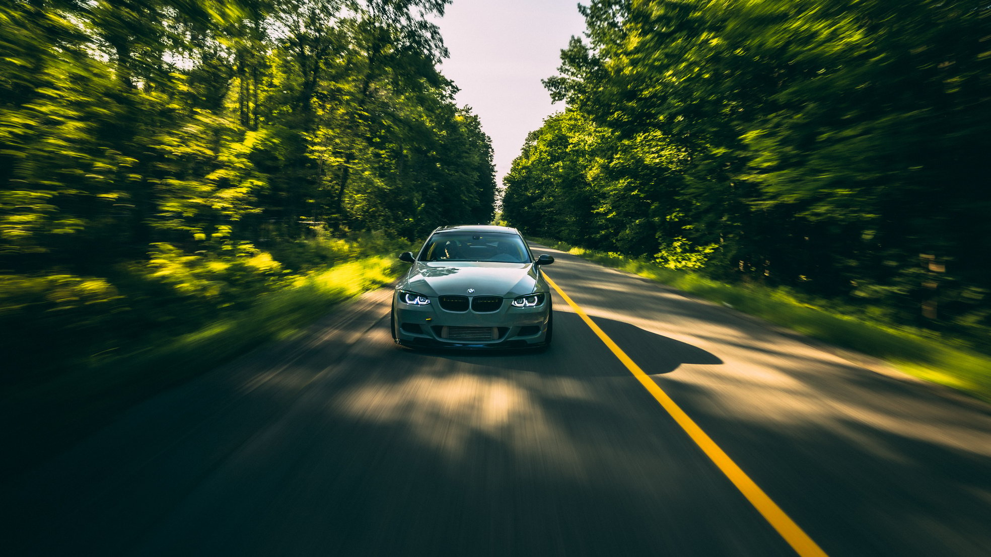 Gray Car on Road Between Green Trees